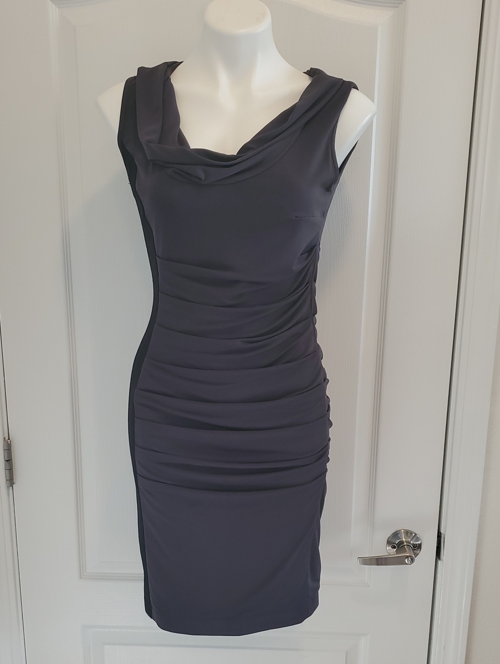 Maggy London Sleeveless Cowl Neck Ruched Sheath Dress in Charcoal Gray